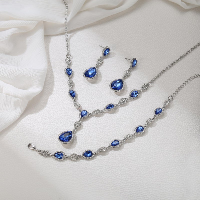 EleQueen Women's Wedding Bridal Jewelry Sets for Brides Bridesmaids, Cubic Zirconia Teardrop Necklace Tennis Bracelet Dangle Earrings Jewellery Set Sapphire Color - Image 3